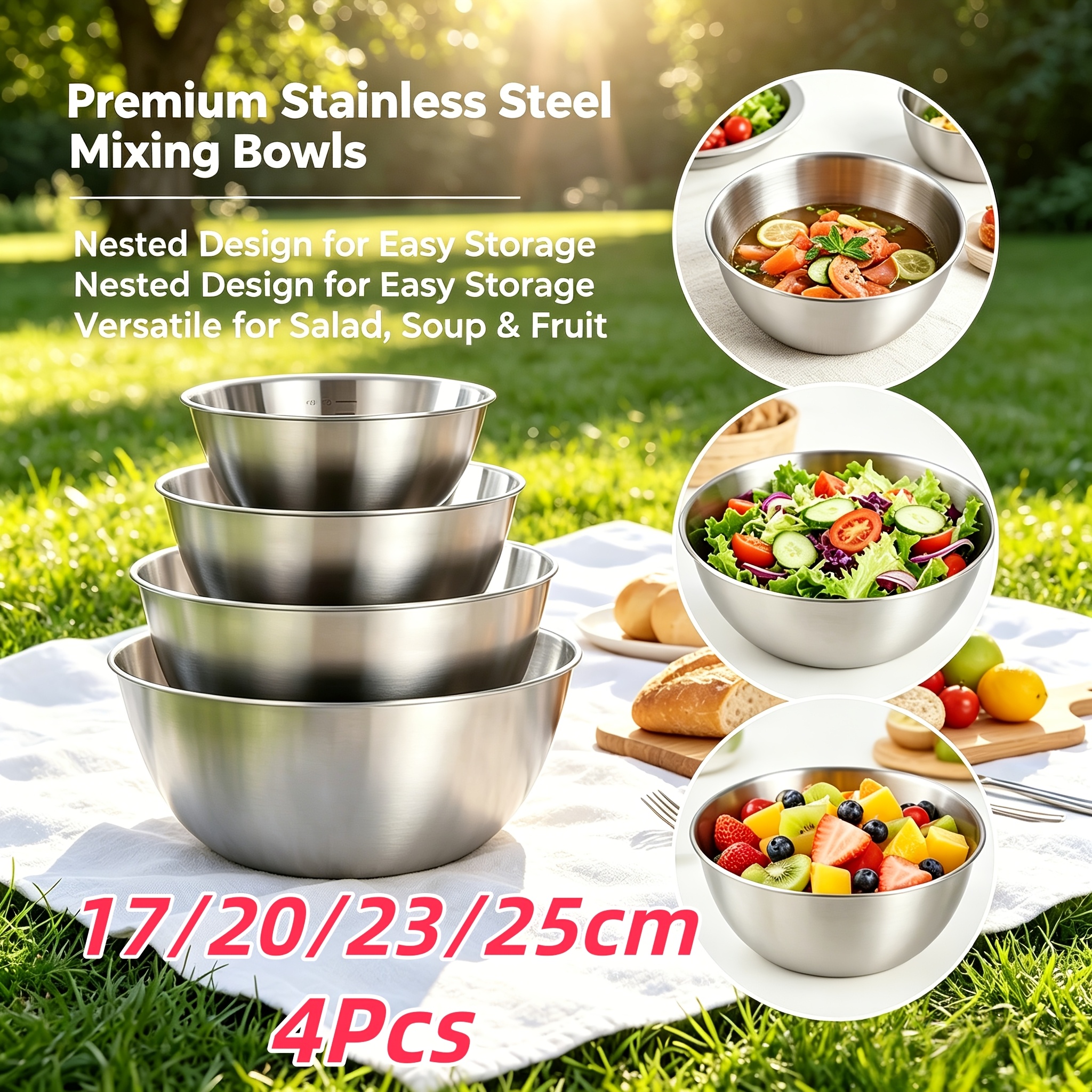 Food Storage Bowls - 4Pcs, 17/20/23/25cm Multifunctional Kitchen Stainless Steel